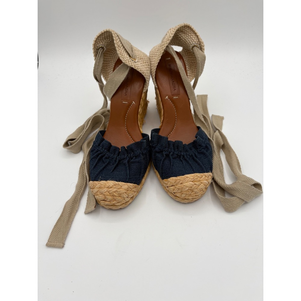 BCBGMAXAZRIA Navy Denim Ruffle Espadrille Wedge Sandals Lace Up Womens 8B 38
